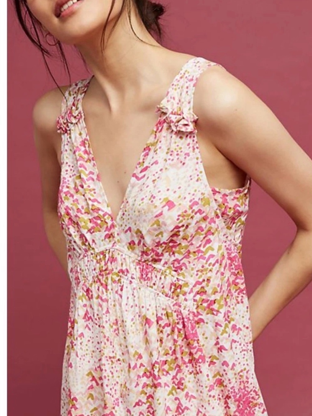 Maeve Anthropology Bretta Pink and Green gathered Printed V-Neck Sleeveless Tank